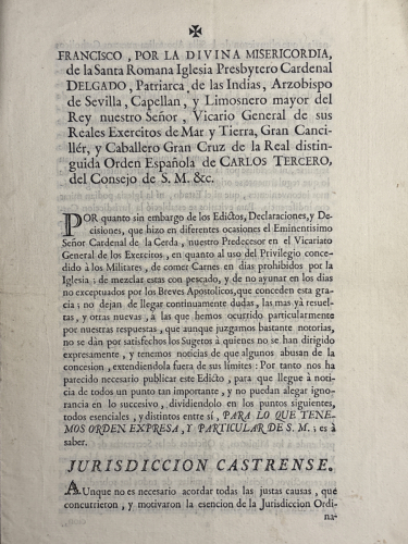 Portada del libro de 1779. Francisco, por la divina providencia... Edicto por el que se declaran las personas que son de...