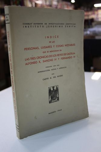 Portada del libro de Índice de las personas, lugares, y cosas notables que se mencionan en las Las Tres Crónicas de los Reyes...