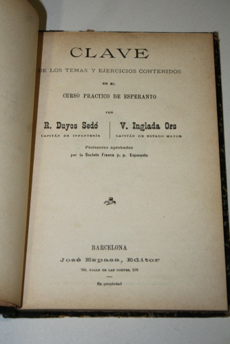 Portada del libro de Clave de los temas y ejercicios contenidos en el curso práctico de esperanto