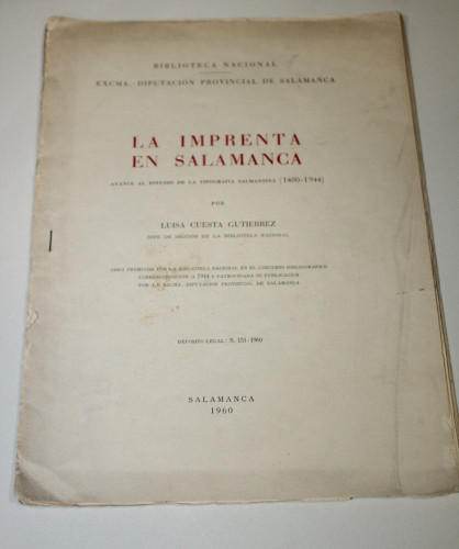 Portada del libro de La imprenta en Salamanca. Avance al estudio de la tipografía salmantina (1480-1944)