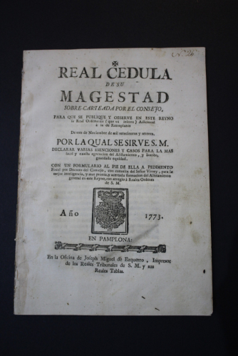 Portada del libro de (Alistamiento y sorteo reemplazos. 1773. Pamplona. Navarra) Real Cedula de su magestad sobre-carteada...