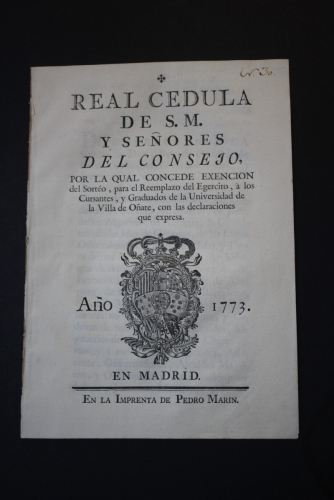 Portada del libro de ( Oñate. Navarra. 1773) Real Cédula de S.M. y Señores del Consejo, por la qual concede exención del...