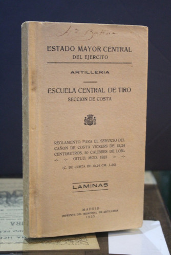 Portada del libro de Artillería. Escuela Central de Tiro. Sección de Costa. Reglamento para el servicio del cañón de costa...