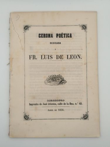 Portada del libro de Corona poética dedicada a Fr. Luis de León [Salamanca]