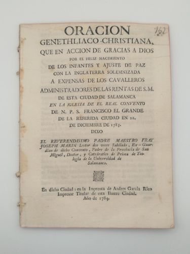 Portada del libro de Oración genethliaco-christiana, que en acción e gracias a Dios por el feliz nacimiento de los infantes...