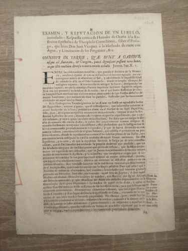 Examen y refutación de un libelo, intitulado: Respuesta crítica de Hercules de Ocaña a la Reflexión Epistólica de Theophilo Correctionis, sobre el Prólogo, que hizo Don Juan Vazquez a la Methodo de curar con agua, y limitación de los Purgantes etc
