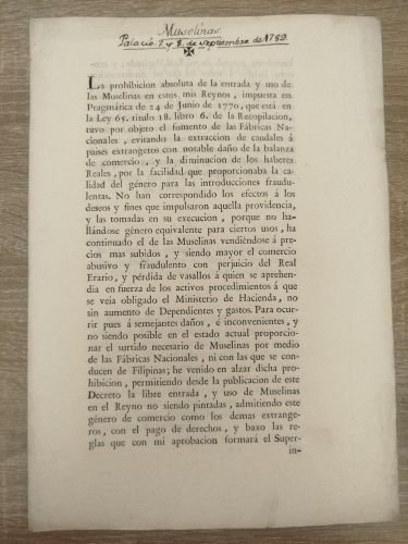 Prohibición absoluta de la entrada de muselinas en el reino de Carlos IV
