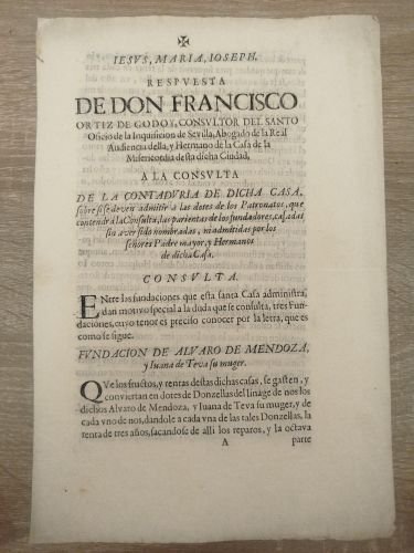 Respuesta de Don Francisco Ortiz de Godoy, consultor del Santo Oficio de la Inquisición de Sevilla, Abogado de la Real Audiencia della y Hermano de la Casa de la Misericordia de esa ciudad, a la contaduria de dicha casa