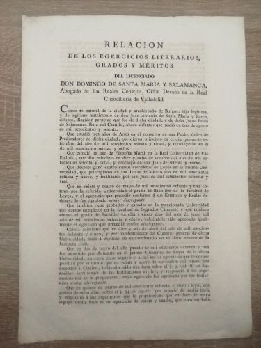 Portada del libro de Relación de los egercicios literarios, grados y méritos del licenciado Don Domingo de Santa María y...