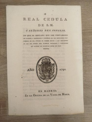Portada del libro de Real Cedula de S.M. y señores del consejo, en que se declara que los contadores de cuentas y particiones...