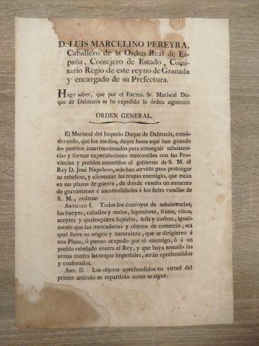 Portada del libro de Orden general expedida por el Mariscal Jean-de-Dieu Soult, I Duque de Dalmacia, nombrado por José Bonaparte,...