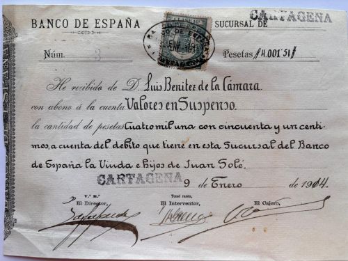 Portada del libro de Recibo del Banco de España. valores en suspenso [Cartajena]
