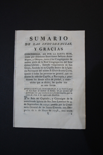 Portada del libro de (Capilla de San Ginés. Madrid) Sumario de las Indulgencias y Gracias concedidas, así por la Santa Sede,...