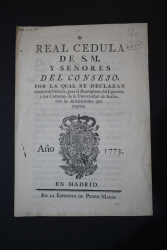 Portada del libro de Real Cedula de S. M. y Señores del Consejo, por la qual se declaran exentos del Sorteo, para el Reemplazo...