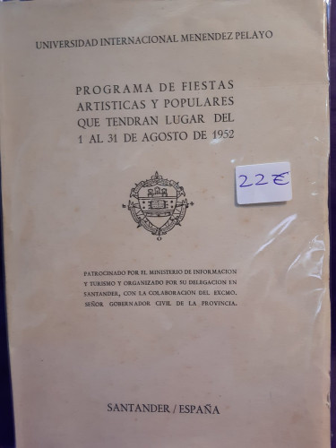 Portada del libro de Programa de fiestas artísticas y populares que tendrán lugar del 1 al 31 de agosto de 1952