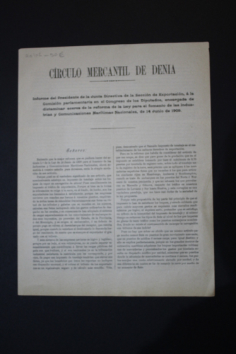 Portada del libro de Informe del Presidente de la Junta Directiva de la Sección de Exportación, a la Comisión parlamentaria...