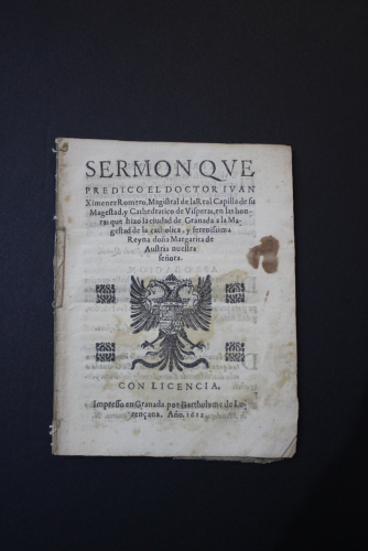 Portada del libro de (Granada) Sermon que predico el Doctor Juan Ximenez Romero, magistral de la REal Capilla de su MAgestad...