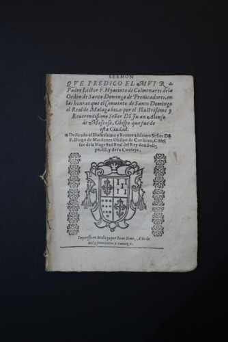 Portada del libro de (Málaga) Sermón que predicó el muy R. Padre Lector F. Hyacinto de Colmenares de la Orden de Santo Domingo...