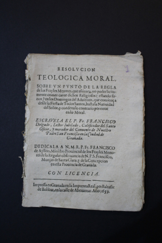 Portada del libro de (Granada) Resolucion teologica moral sobre un punto de la regla de los Frayles Menores.no poder licitamente...