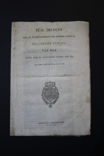 Portada del libro de Real Decreto para el establecimiento del sistema general del crédito público; y la bula dada por el...