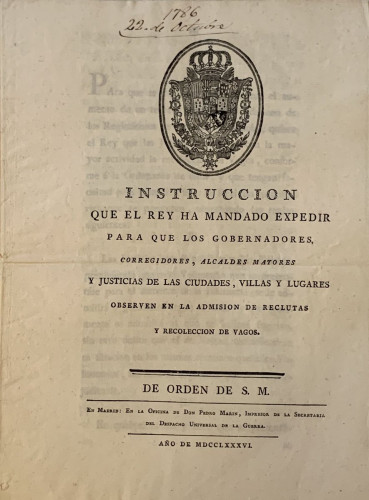 Portada del libro de 1786) Instrucción que el Rey ha mandado expedir para que los gobernadores, corregidores, alcaldes mayores...