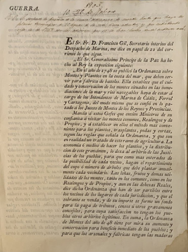 Portada del libro de El Sr. Fr. D. Francisco Gil, Secretario interino del Despacho de Marina, me dice en papel de 10 del...