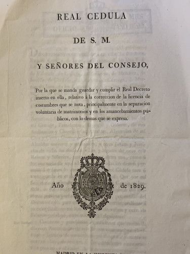 Portada del libro de (separaciones y amancebamientos 1829) Real Cédula de S.M. y Señores del Consejo, por la que se manda...