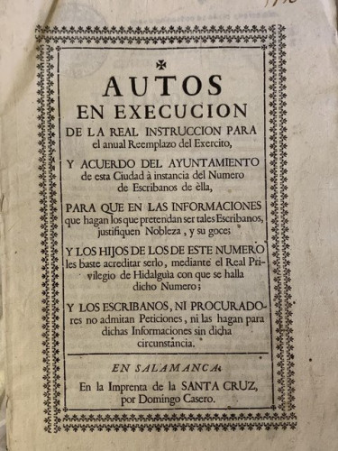 Portada del libro de Autos en execucion de la Real Instruccion para el anual Reemplazo del Exercito, y acuerdo del Ayuntamiento...