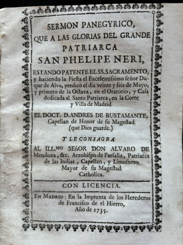 Portada del libro de Sermón panegyrico que a las glorias del grande patriarca San Phelipe Neri estando patente el SS.Sacramento...