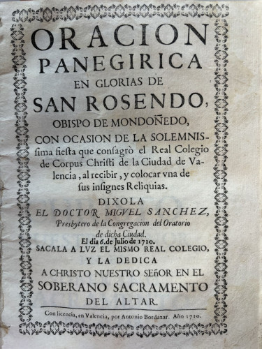 Portada del libro de Oración panegírica en glorias de San Rosendo obispo de Mondoñedo, con ocasión de la solemnissima fiesta...