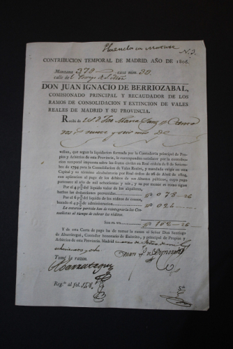 Portada del libro de Recibo de contribución de Madrid 1806.