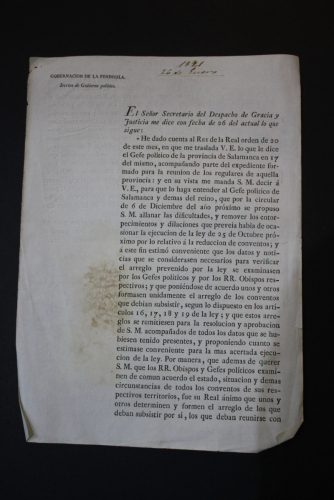 Portada del libro de (Salamanca 1821 Desamortización) Traslado de Real Orden de parte de Agustín de Argüelles, ministro de...