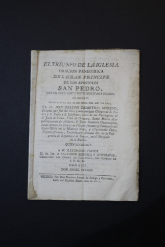 Portada del libro de El triunfo de la iglesia. Oración paregirica del gran príncipe de los apóstoles San Pedro, que esta...